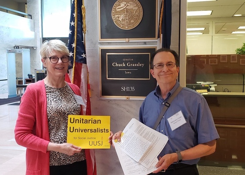 Advocacy Corps volunteers Ginger Essink and Michael Thoryn visited Sen. Chuck Grassley's staff and delivered ten letters from Iowa UUs on health care costs. Grassley chairs the Senate Finance Committee, key to progress on health care legislation.
